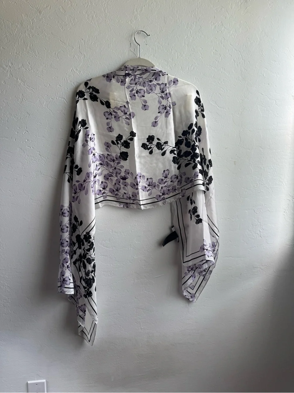 White House black market 100% silk white, black and purple floral scarf shawl